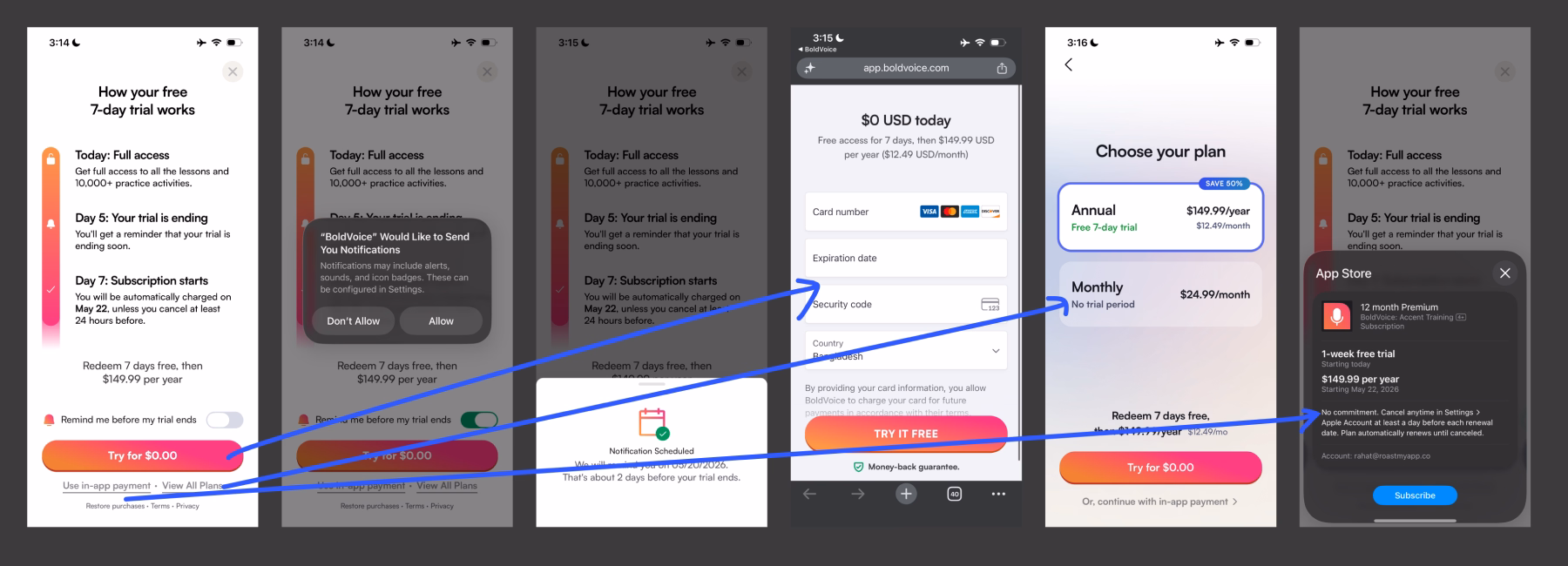 App2web checkout example from BoldVoice app