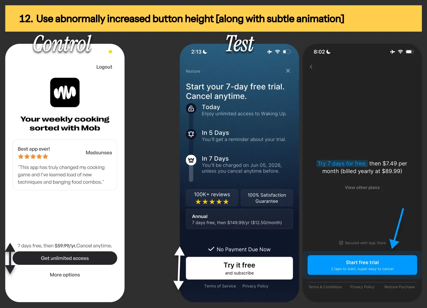 Paywall CTA button from Mob, Waking up & Headway app
